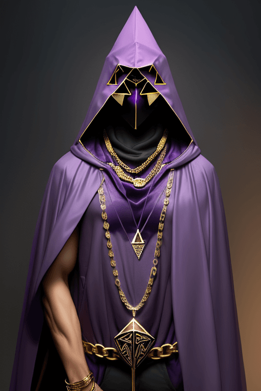 AI generated: Man in purple cloak hood, one big triangle mask, gold chains and jewellery. Invisible face
