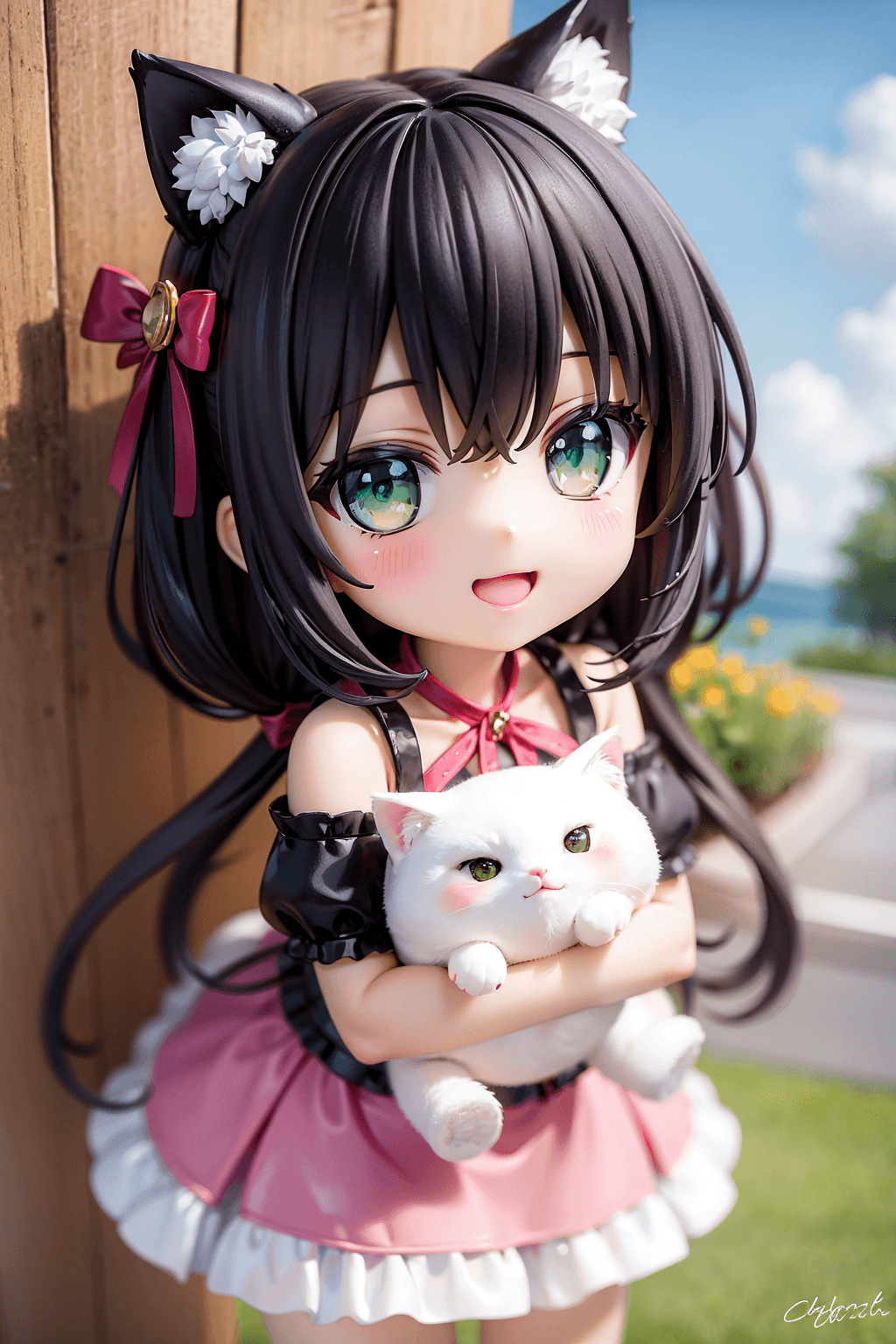 AI generated: ((chibi)), a cute cat, Green Eyes, smile, black hair