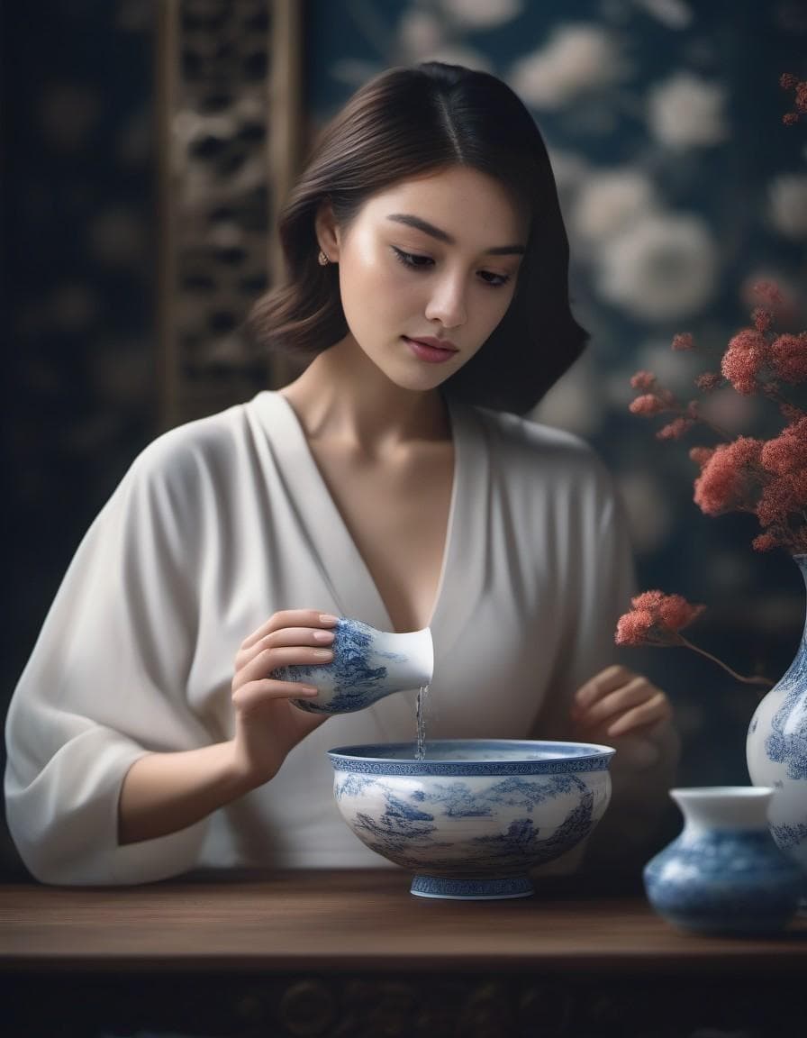 AI generated: Brunette woman with a porcelain vase in her hand pouring water into a flowered porcelain bowl.
