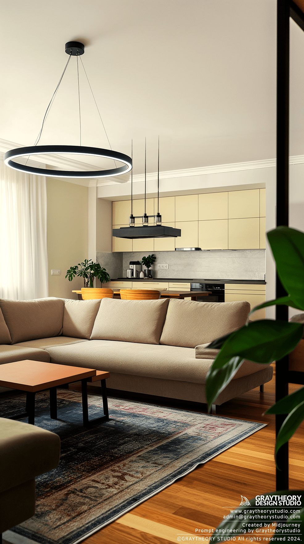 AI generated: contemporary small apartment living room with natural lighting, Fujifilm GFX 100S, showcasing a comf...