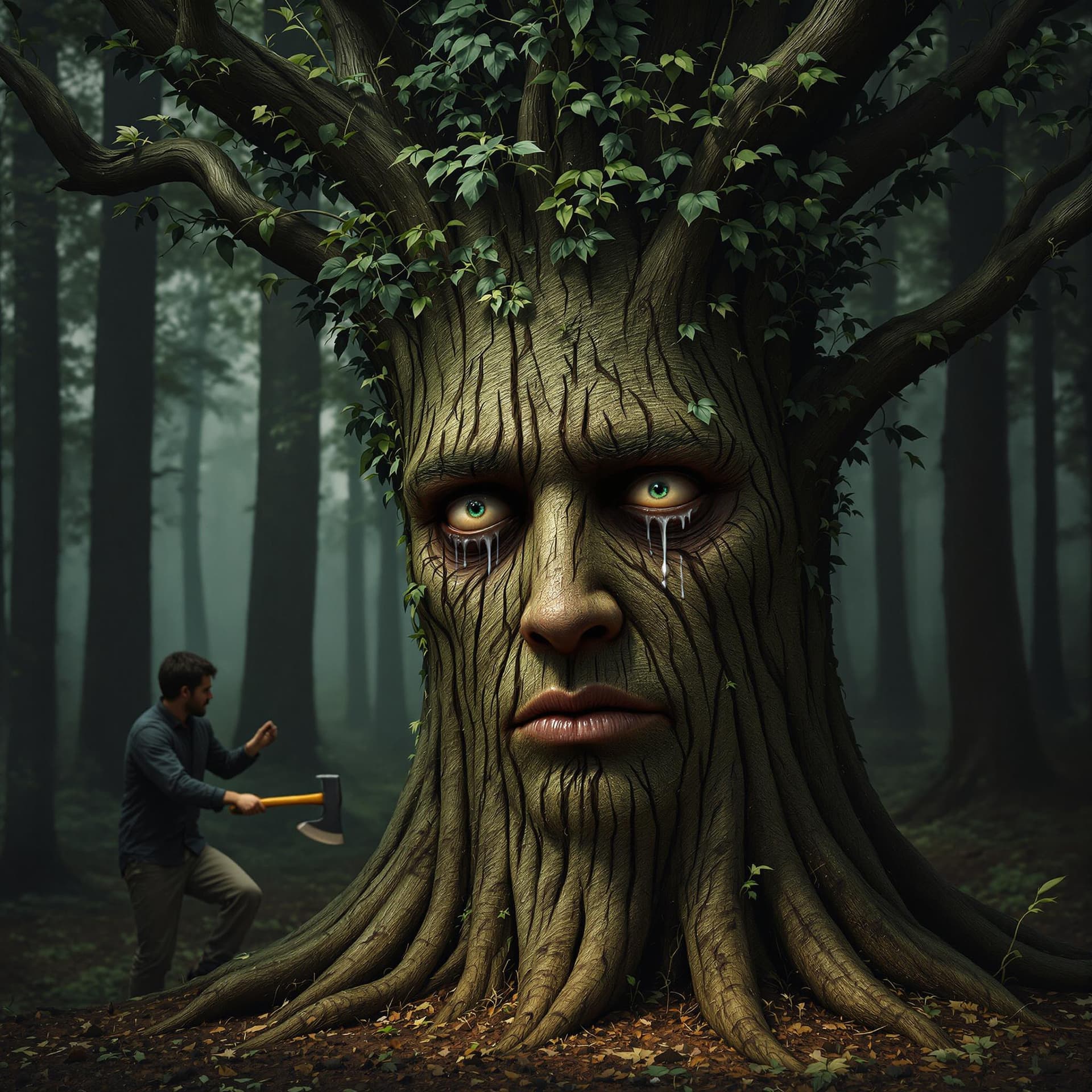 AI generated: Create an image depicting an "arbomorph" face showing deep sorrow as a person cuts the tree. The fac...