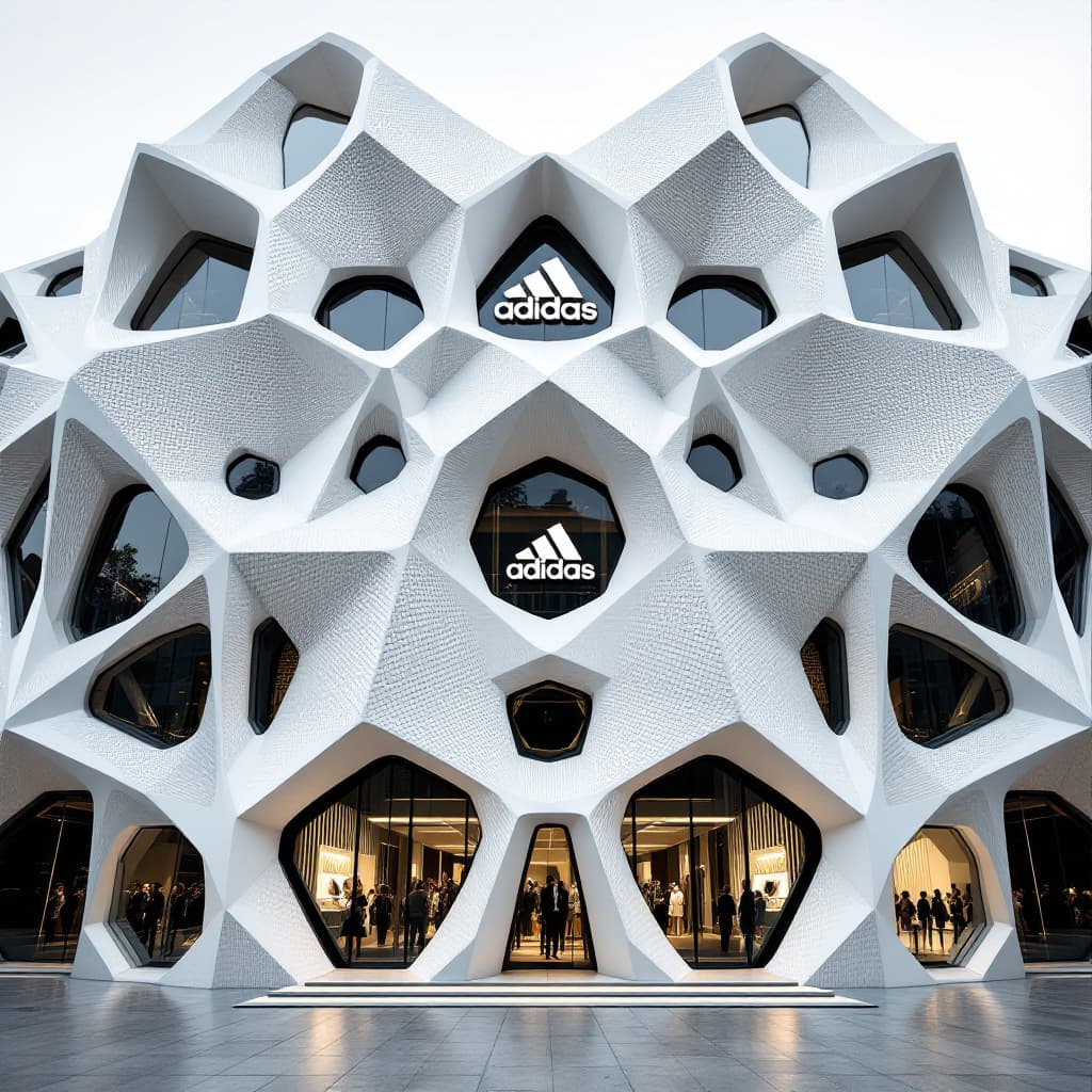 AI generated: aSymmetrically mirrored, an Adidas store facade made of parametric geometric shapes inspired by futu...