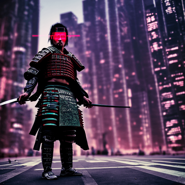 AI generated: High resolution photography of a ultra realistic cyberpunk samurai on a cyberpunk city