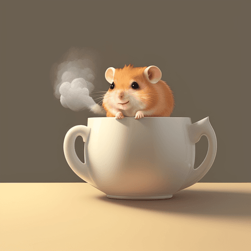 AI generated: ginger hamster sitting on a desk, holding a large steaming cup of tea. Hamster is waving at the came...