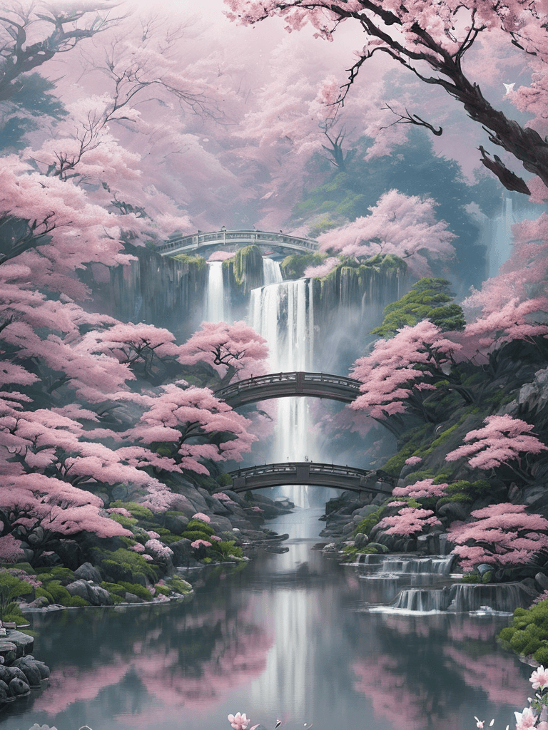 AI generated: long range view, Beautiful Japanese flower garden, elegant bridges, waterfalls, pink and white, by A...