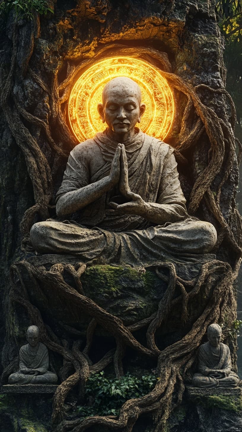 AI generated: massive ancient stone relief of meditating monk, carved into cliff with twisting roots and vines, go...