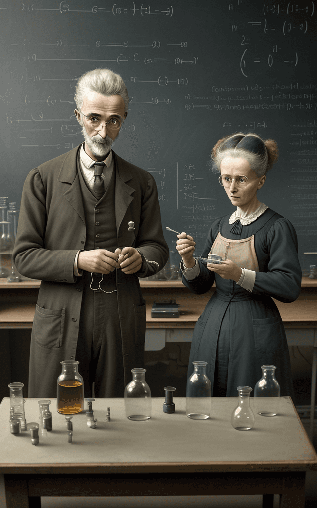 AI generated: This image should capture the intellectual partnership between Marie and Pierre Curie in their labor...