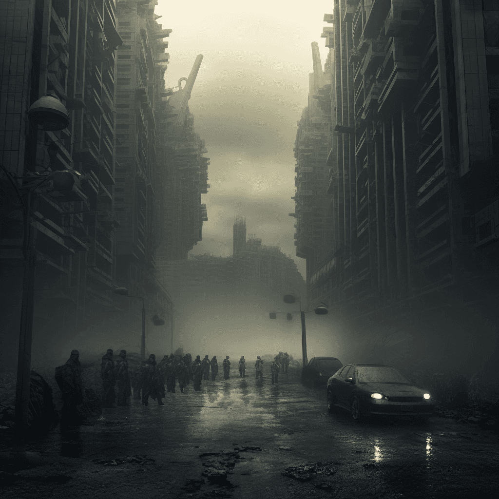 AI generated: a dystopian mega city, neo brutalist building fogs grey with a lot of car and people passing 