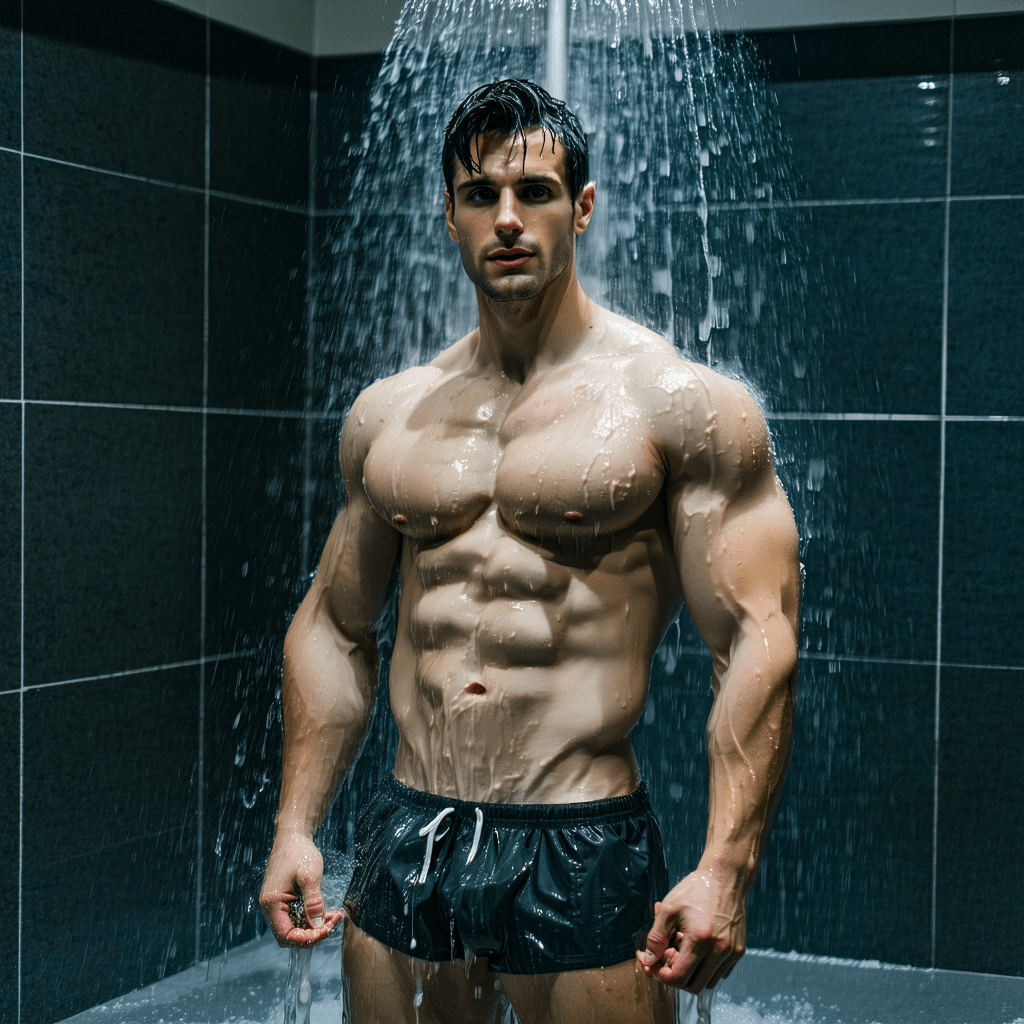 AI generated: RAW photo, irish man posing, flex his muscle, 45 years old, beautiful face, stands in the shower, we...