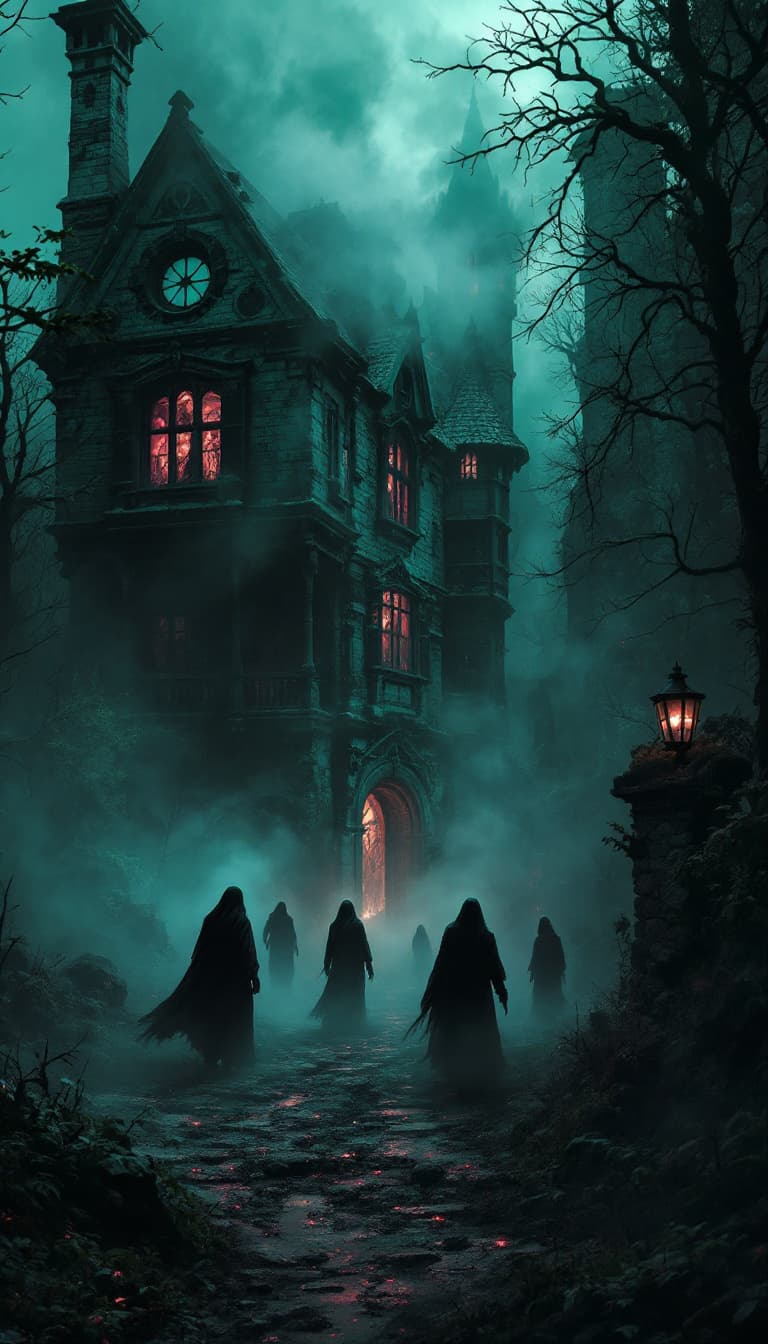 AI generated: cursed souls in a haunted house, eerie ambiance, unsettling mist swirling, foreboding shadows, emoti...