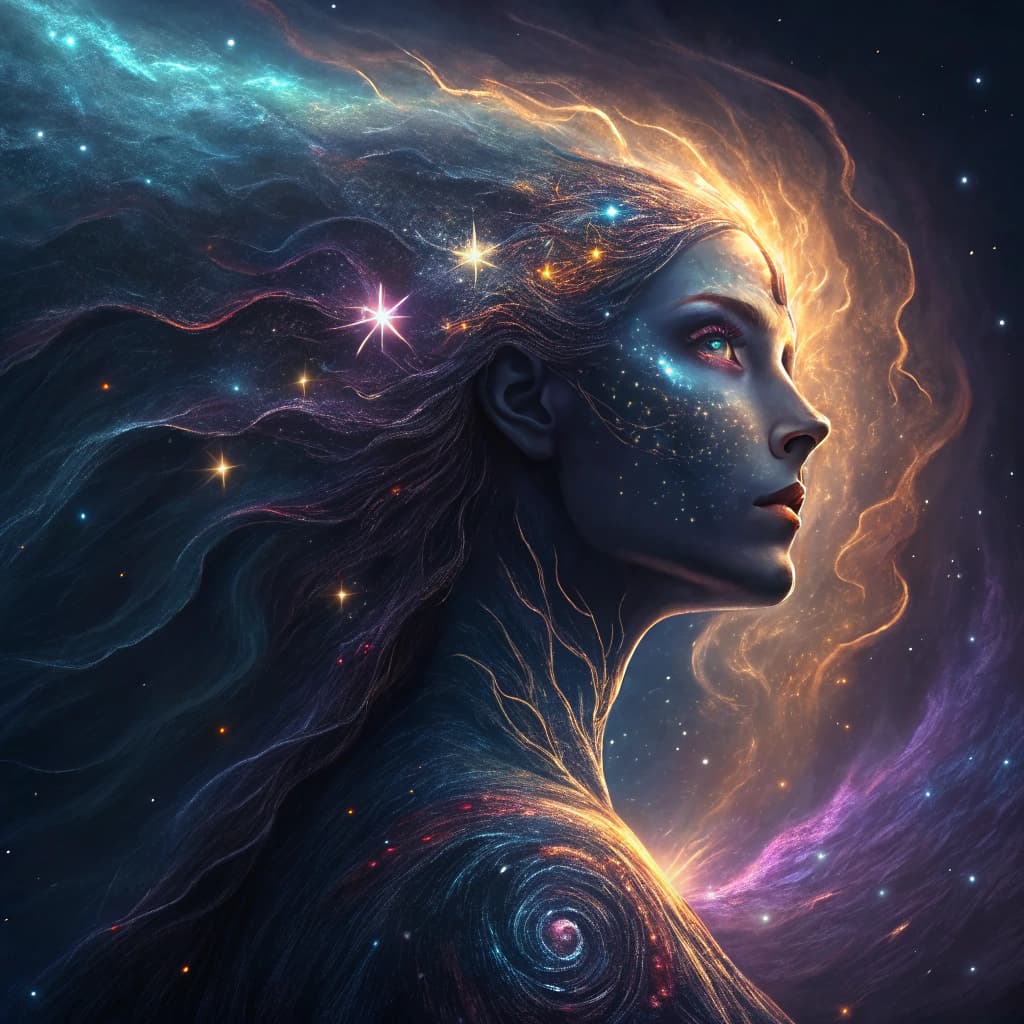 AI generated: A mesmerizing, ultra-detailed NFT artwork featuring a celestial goddess emerging from a cosmic nebul...