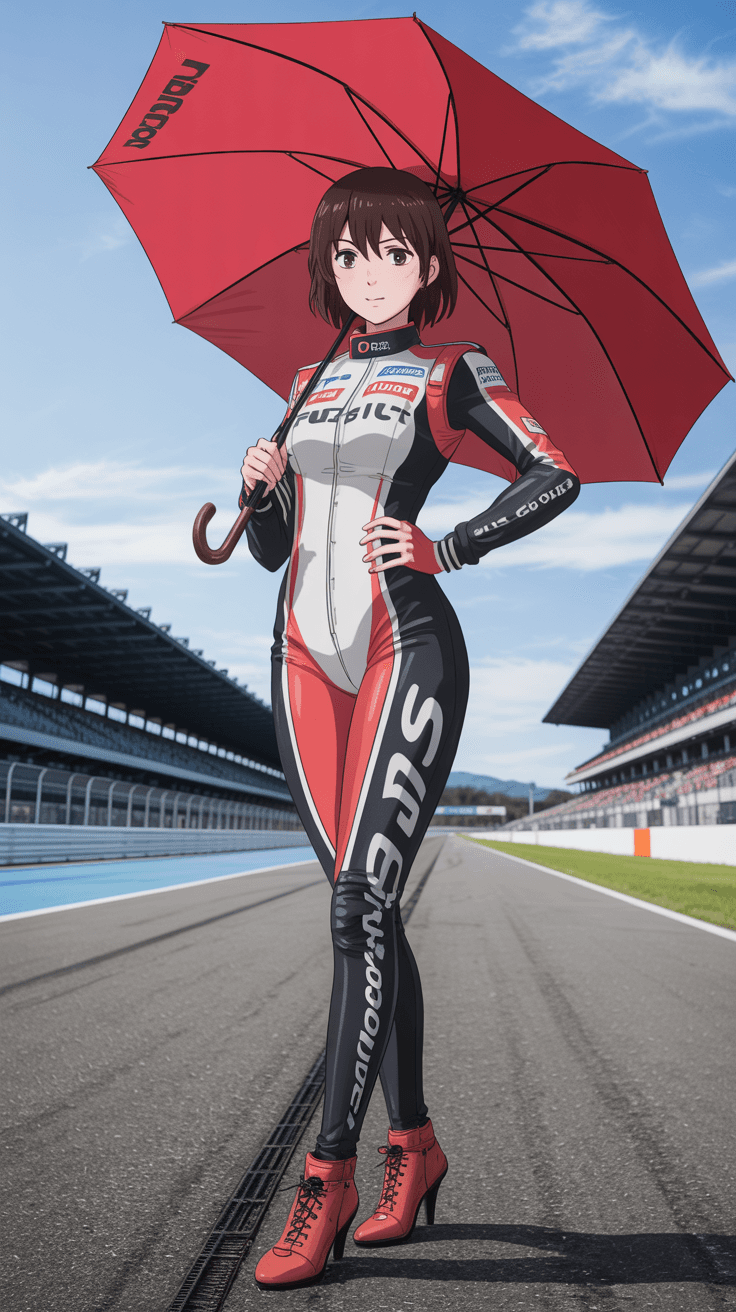 AI generated: A full body long shot of a manga, anima, beautiful race track girl, at Fuji race track, wearing a sk...