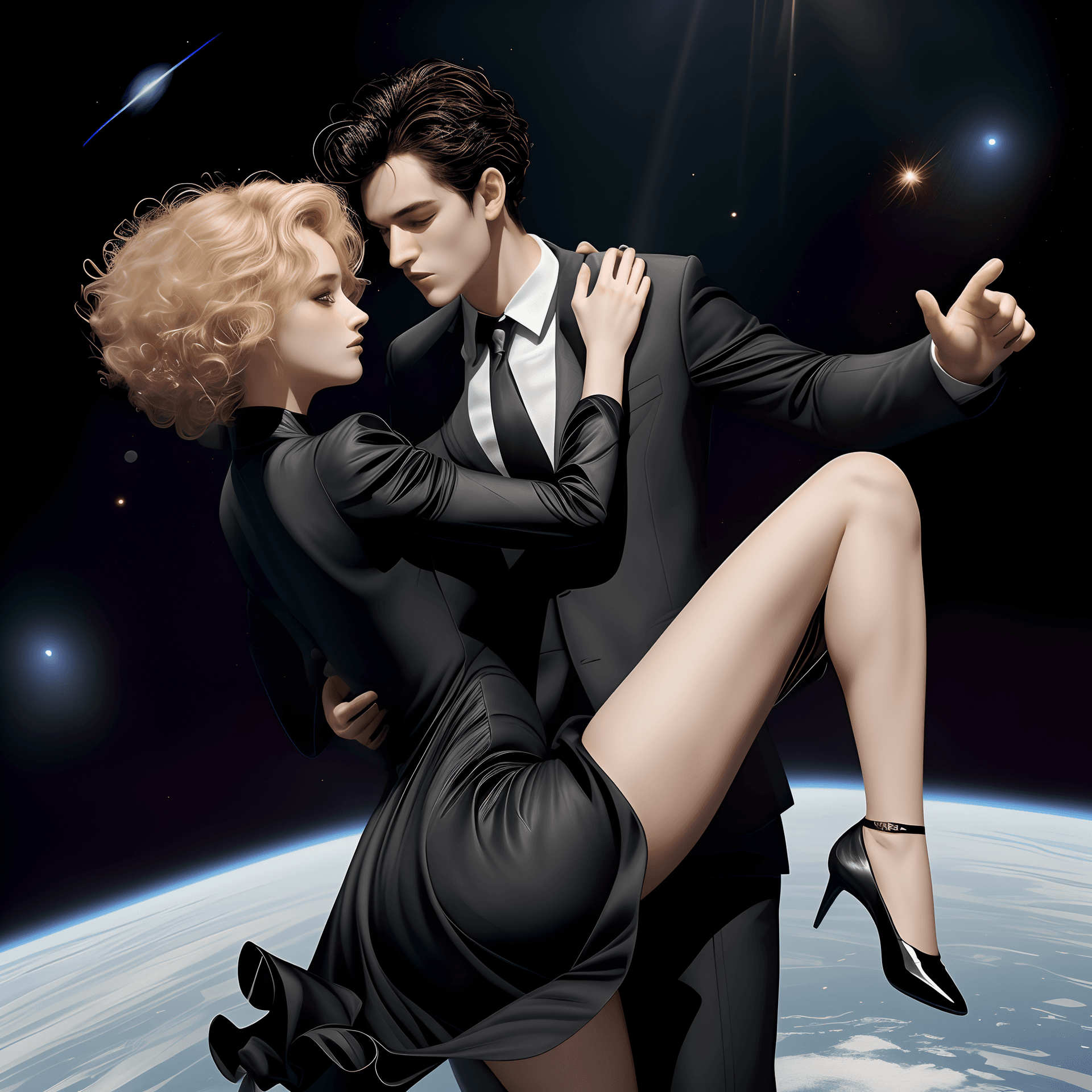 AI generated: 1girl and 1boy, on space, blonde curly hair, sad, short dress, 1boy black hair wearing black suit, d...