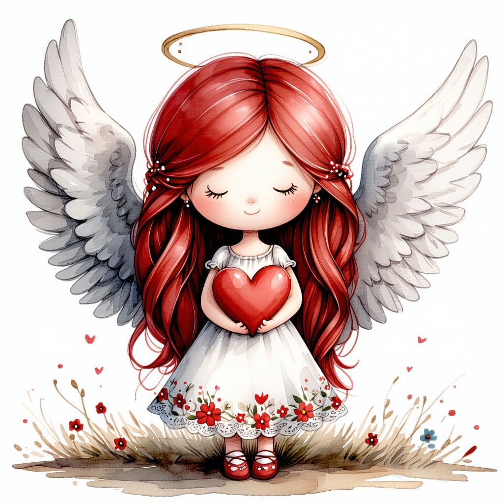 AI generated: A small, cute angel with red hair, wings, and a halo. She holds a heart and wears a flowered dress,a...