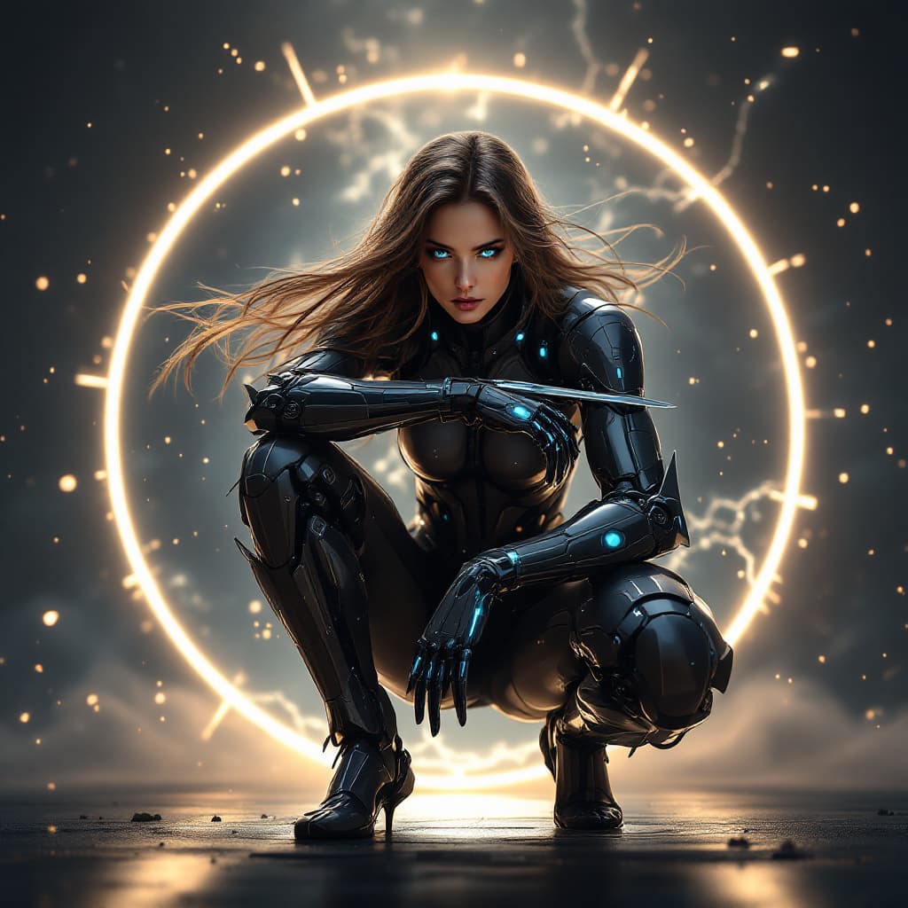 AI generated: Against a breathtaking 8K backdrop, a stunning android fighter from the future crouches on one knee ...