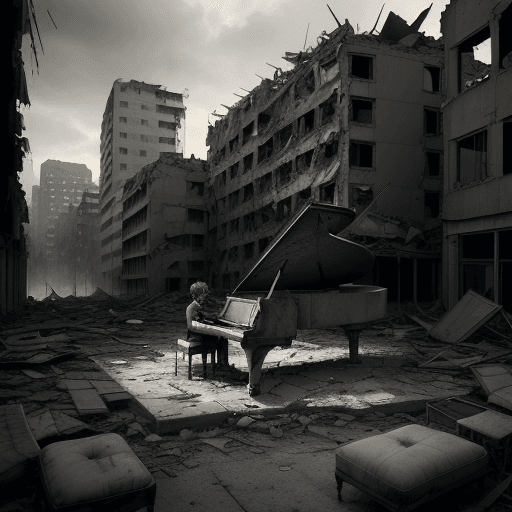 AI generated: /imagine prompt: War-torn city | Desaturated, muted lighting | Melancholy | Survival amidst destruct...