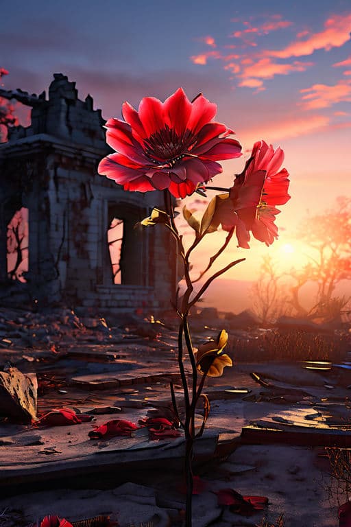 AI generated: A lonely red flower bloomed on the ruins of an abandoned house, spring, dawn, hope, golden glow. the...