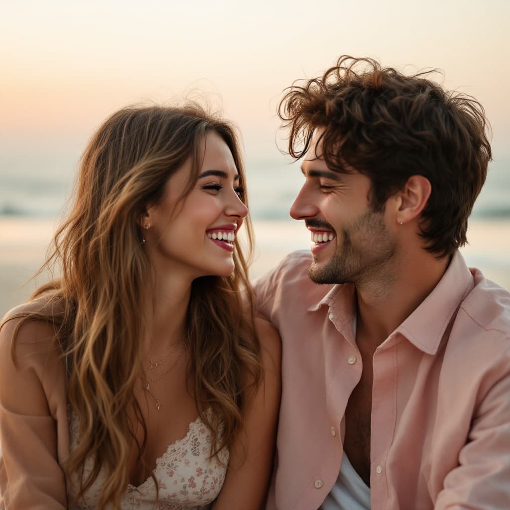 AI generated: Hyperrealistic photo of a 25-year-old woman and a 35-year-old man, both laughing sincerely while loo...