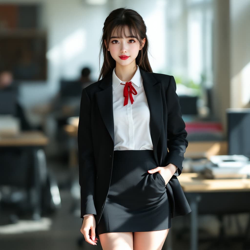 AI generated:  woman Cute female student wearing a black blazer, white top, and red necktie, black micro mini skir...