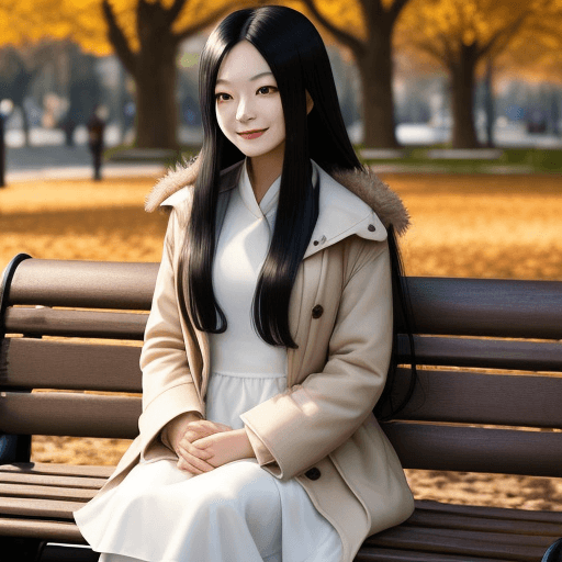 AI generated: Asian woman Long black hair, slightly blown by the wind, small eyes, wearing a white dress, wearing ...