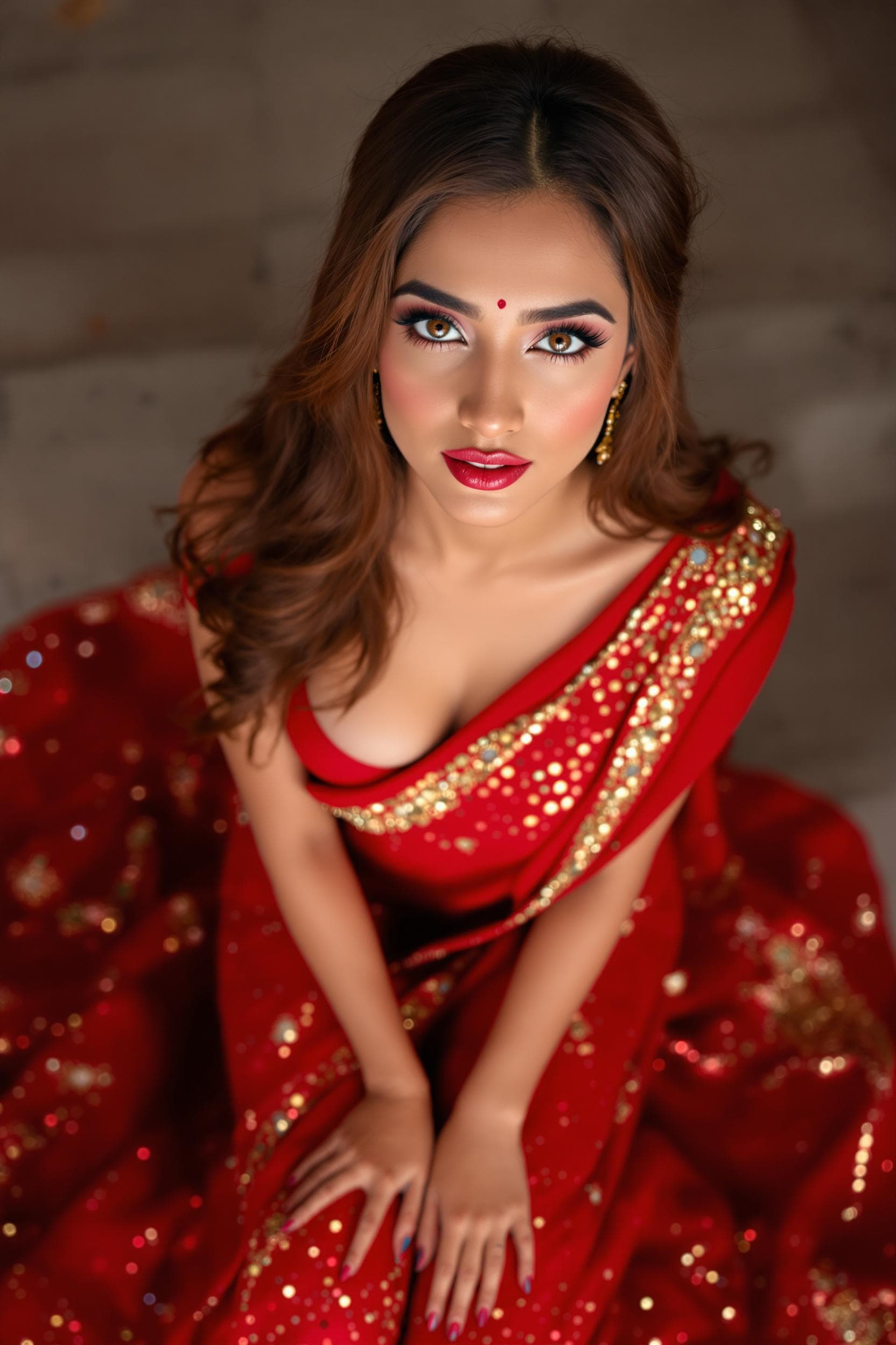 AI generated: Shot from above, 20 years old Indian lady kiara advani, [slim lady, slender lady], with big expressi...