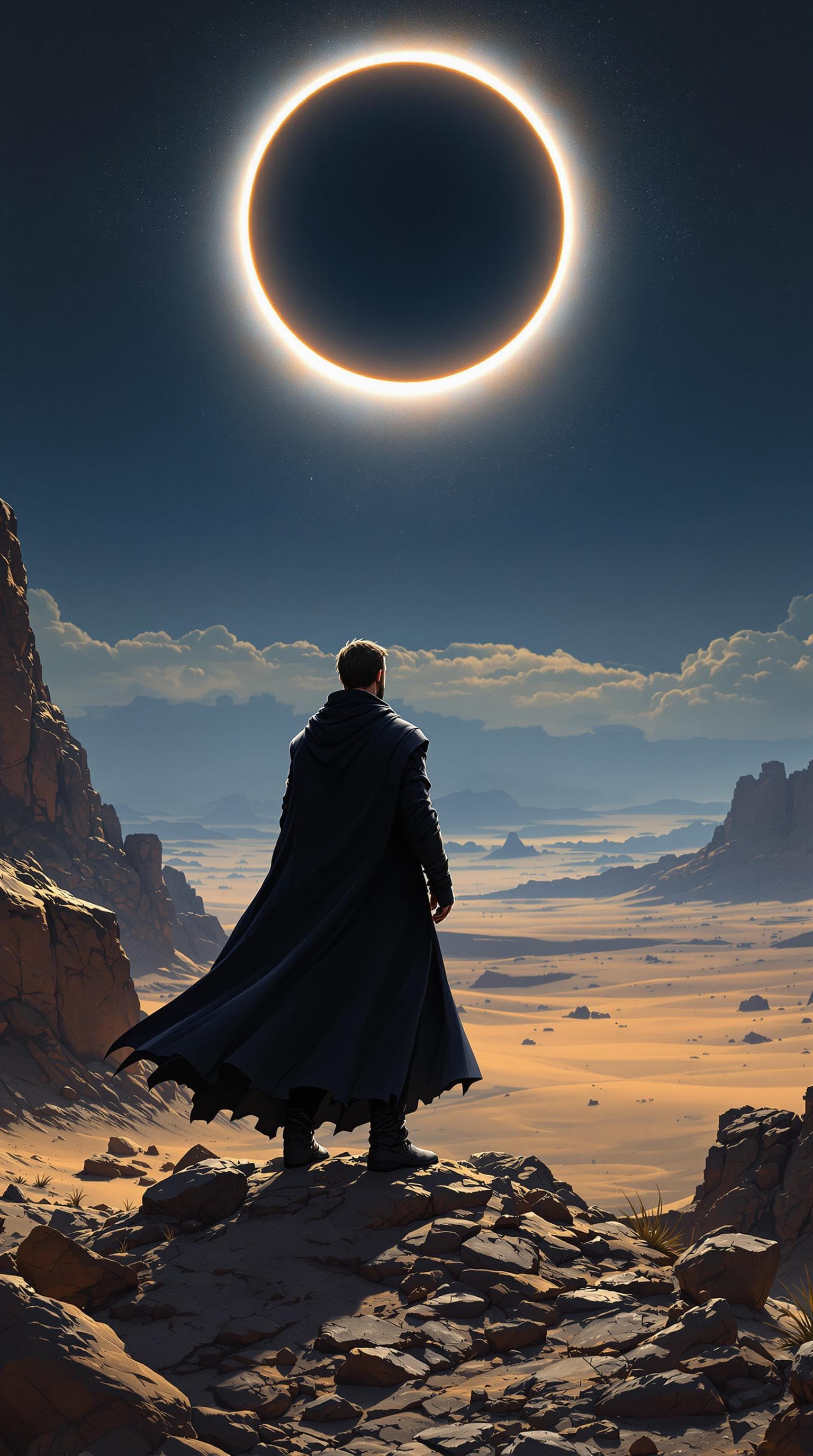 AI generated: A man in a dark cloak standing on rocky terrain, looking at the horizon with an eclipse and desert l...