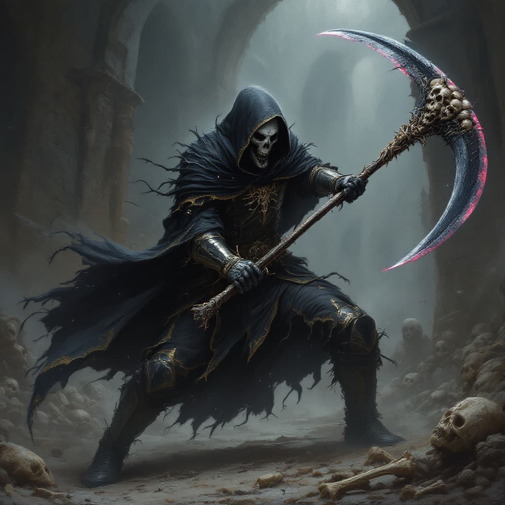 AI generated: painting in the style of a dark fantasy artist of the grim reaper fighting in full plate armor, swin...