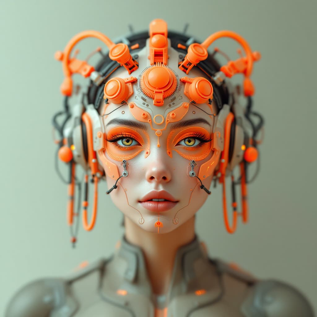 AI generated: Stunning female with a futuristic-looking face, in the style of fantastical contraptions, facing for...