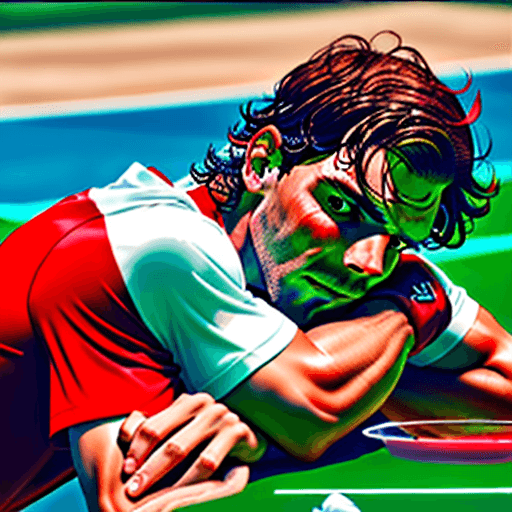 AI generated: hazme una foto del tenista rafael nadal, en el descanso de un partida de tenis bebiendo una bebida d...