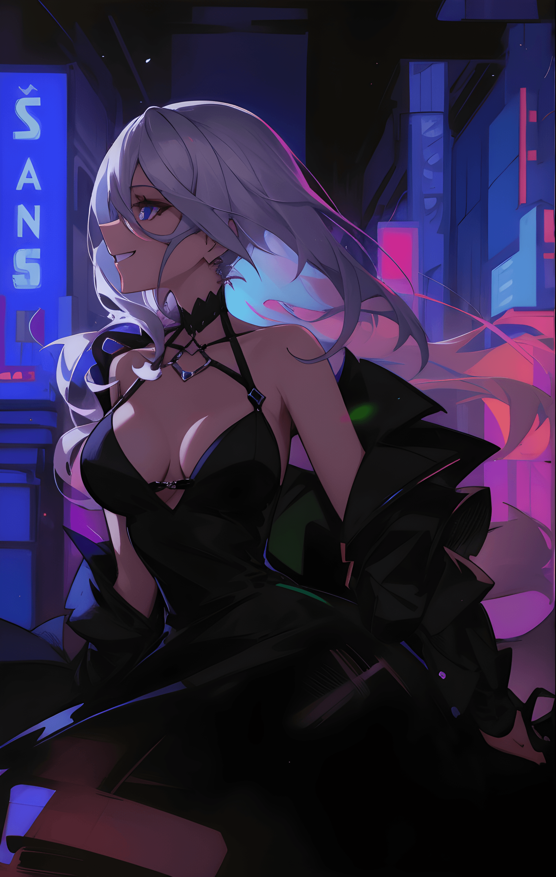 AI generated: a woman in a black dress on a city street, pixiv contest winner, digital art, a silver haired mad, d...