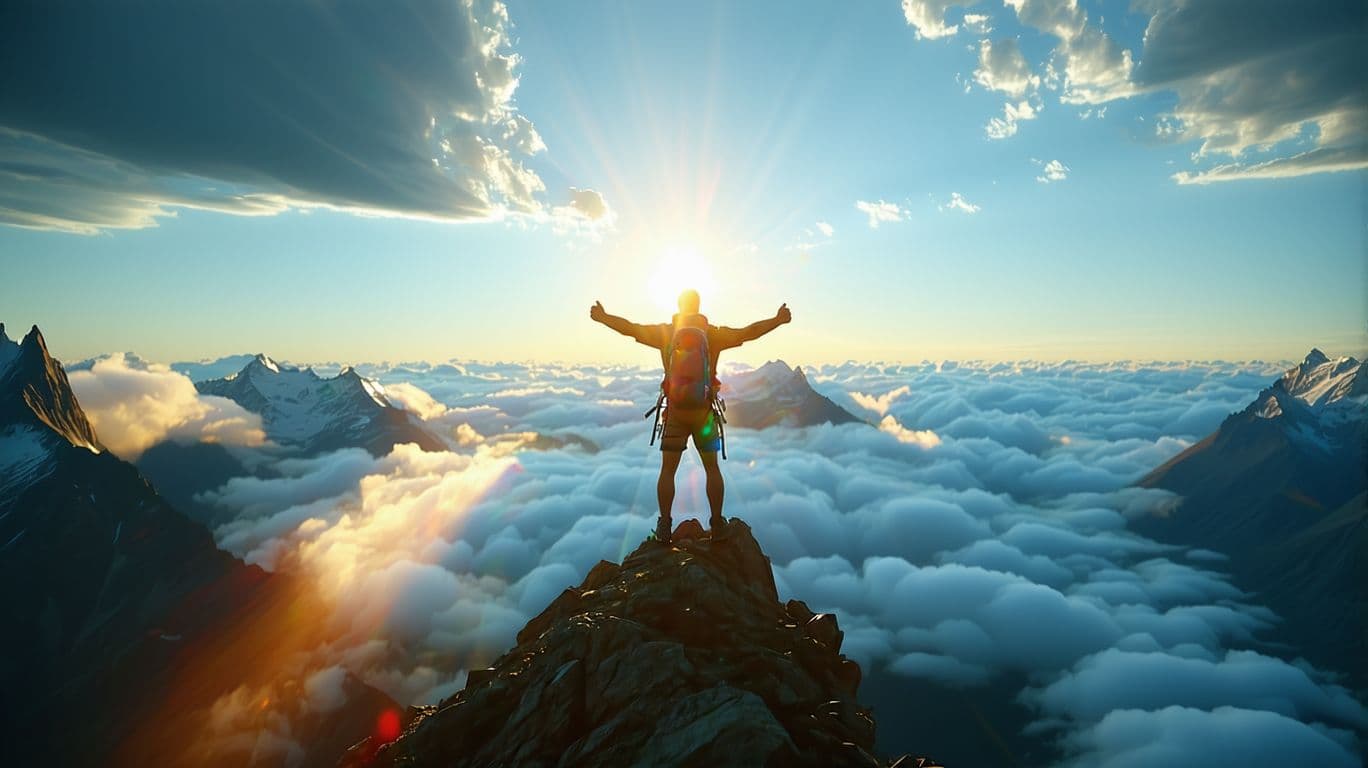 AI generated: A breathtaking wide shot of a climber standing triumphantly at the peak of a high mountain, gazing a...