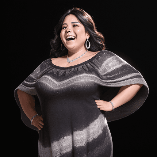 AI generated: dark background, dramatic light, backlight, rim lighting, (chubby:0.3) , mexican woman 44yo, laughin...