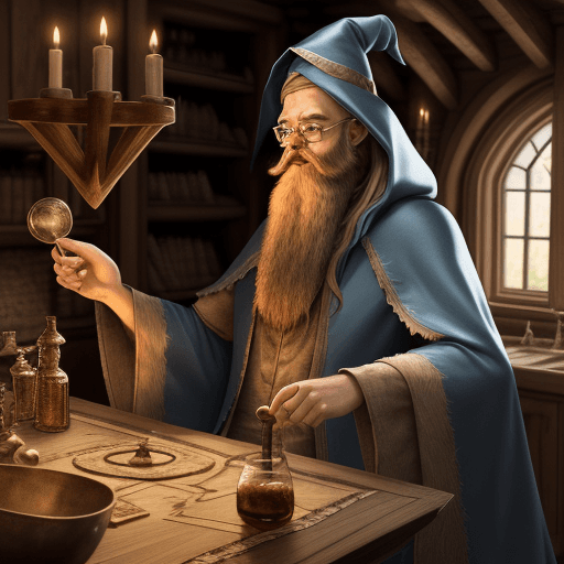 AI generated: Wizard Doing Alchemy in His House with Long Beard and Wizard Cloth