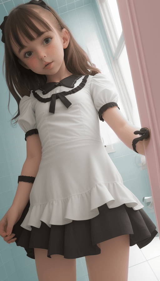 AI generated: little girl bathroom The camera shot from pussy below. minidress open legs she lifted her skirt