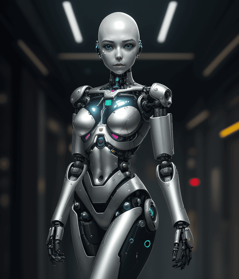 AI generated: fking_scifi_v2, portrait of a robotic girl android, full body, silver shinny skin, robotic, mechanic...