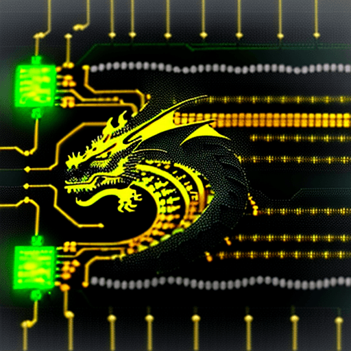 AI generated: a dragon made from circuit board tracks writing software 


