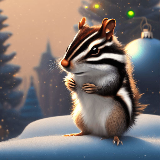 AI generated: (VERY-HAIRY CHRISTMAS-Chipmunk open posed amidst a frozen city in a pixar-style universe) "ultra-det...