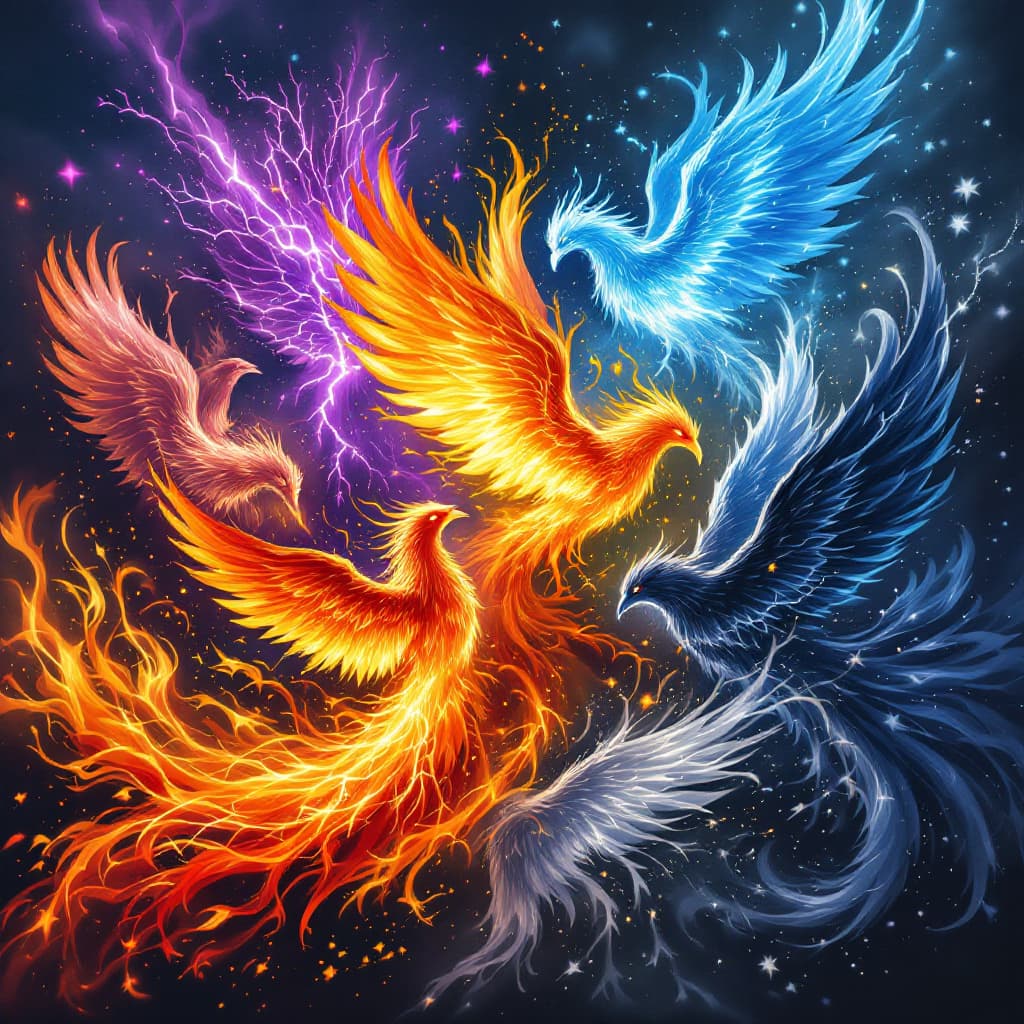 AI generated: 5 elemental phoenixes clashing and mixing their powers in a vibrant aesthetic explosion. One phoenix...