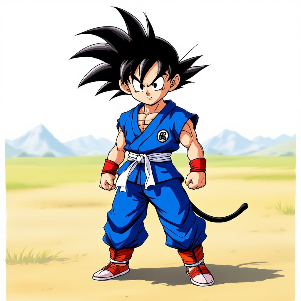 AI generated: A full-body realistic portrait of young Son Goku from the first episode of Dragon Ball, aired on Feb...
