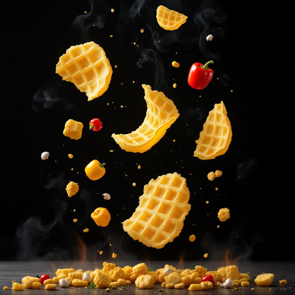 AI generated: 3 potato chips that has waffle cut shapes and  are suspending on the air. these chips are surrounded...