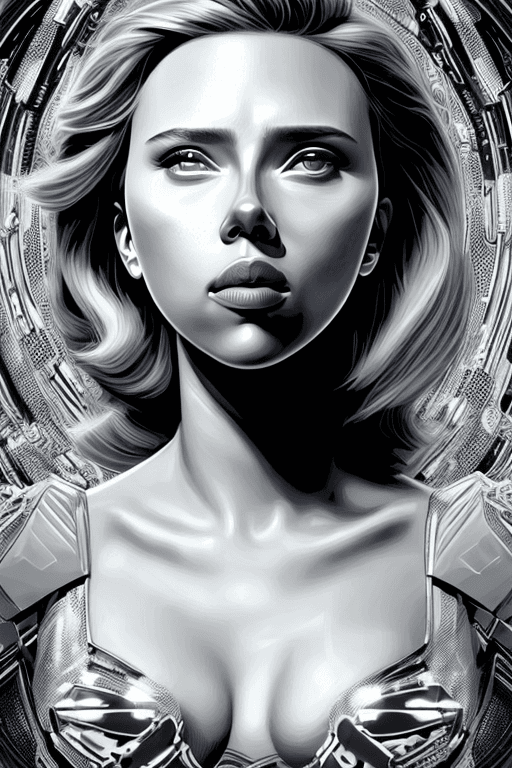 AI generated: A shockingly detailed monochromatic vector illustration of "Scarlett Johansson" unaliasing an anomal...
