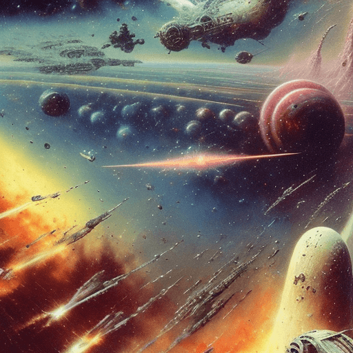 AI generated: dark fantasy art | a sci fi fantasy scene in space | space battle | | Zdzisław Beksiński with distan...