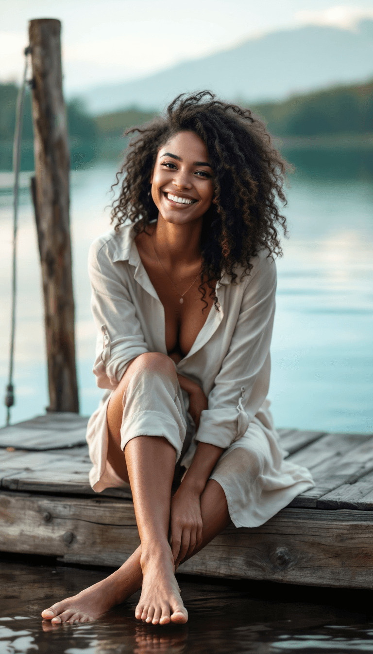 AI generated: Black 35 years old woman in a casual dress with rolled sleeves, sitting on the edge of a wooden pier...