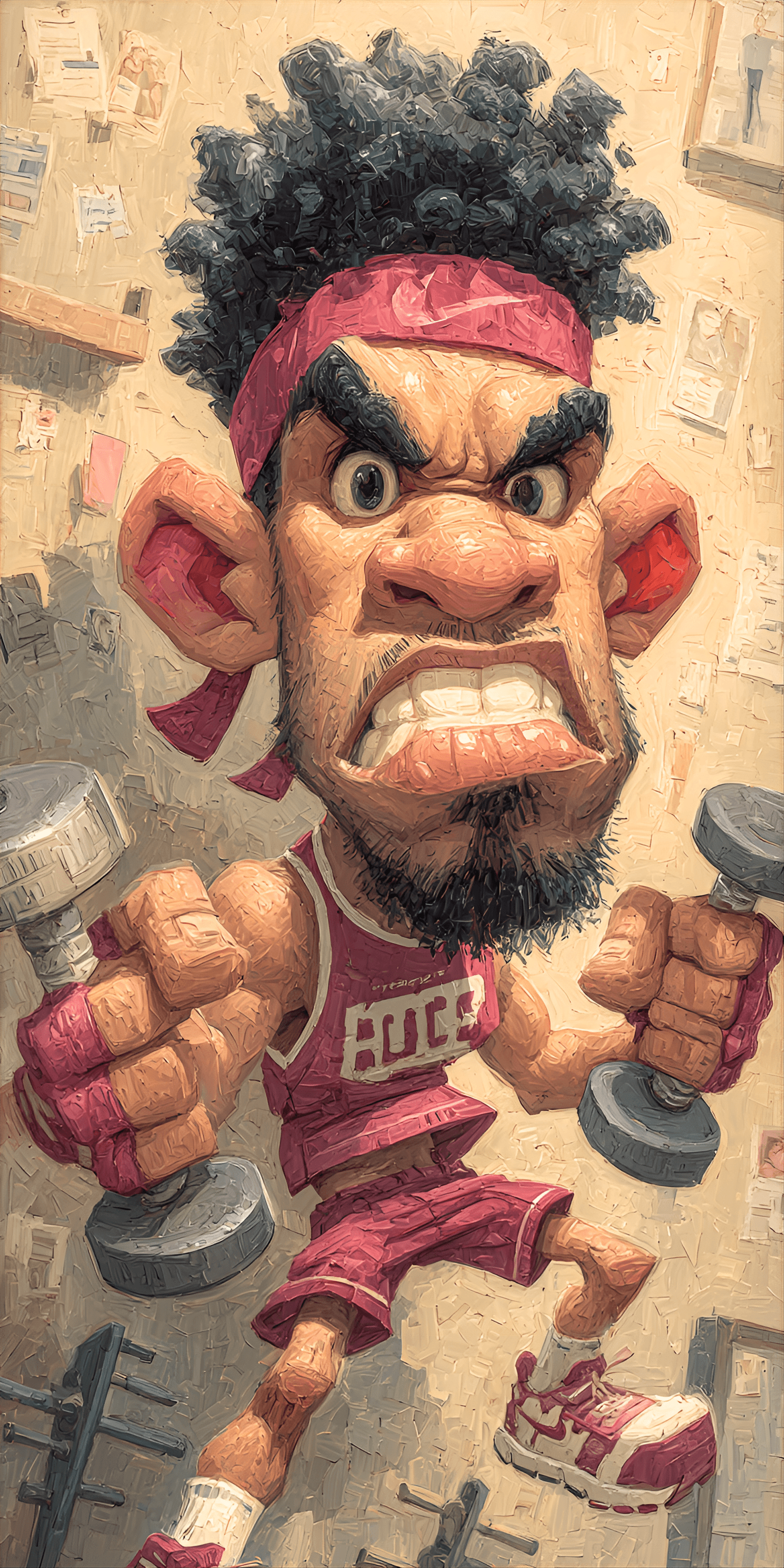 AI generated: funny caricature, ultra-fit enthusiast caricature, adult african-american male, 28 years old, extrem...