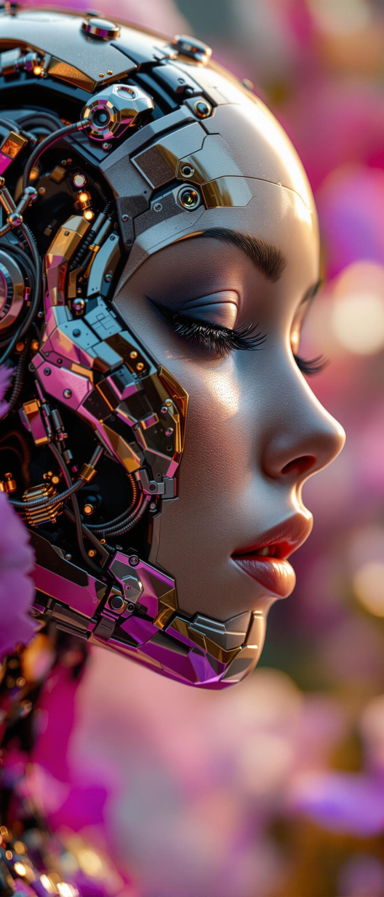 AI generated: complex 3d render ultra detailed of a beautiful metal Honeybee android face and body, seen on a flow...