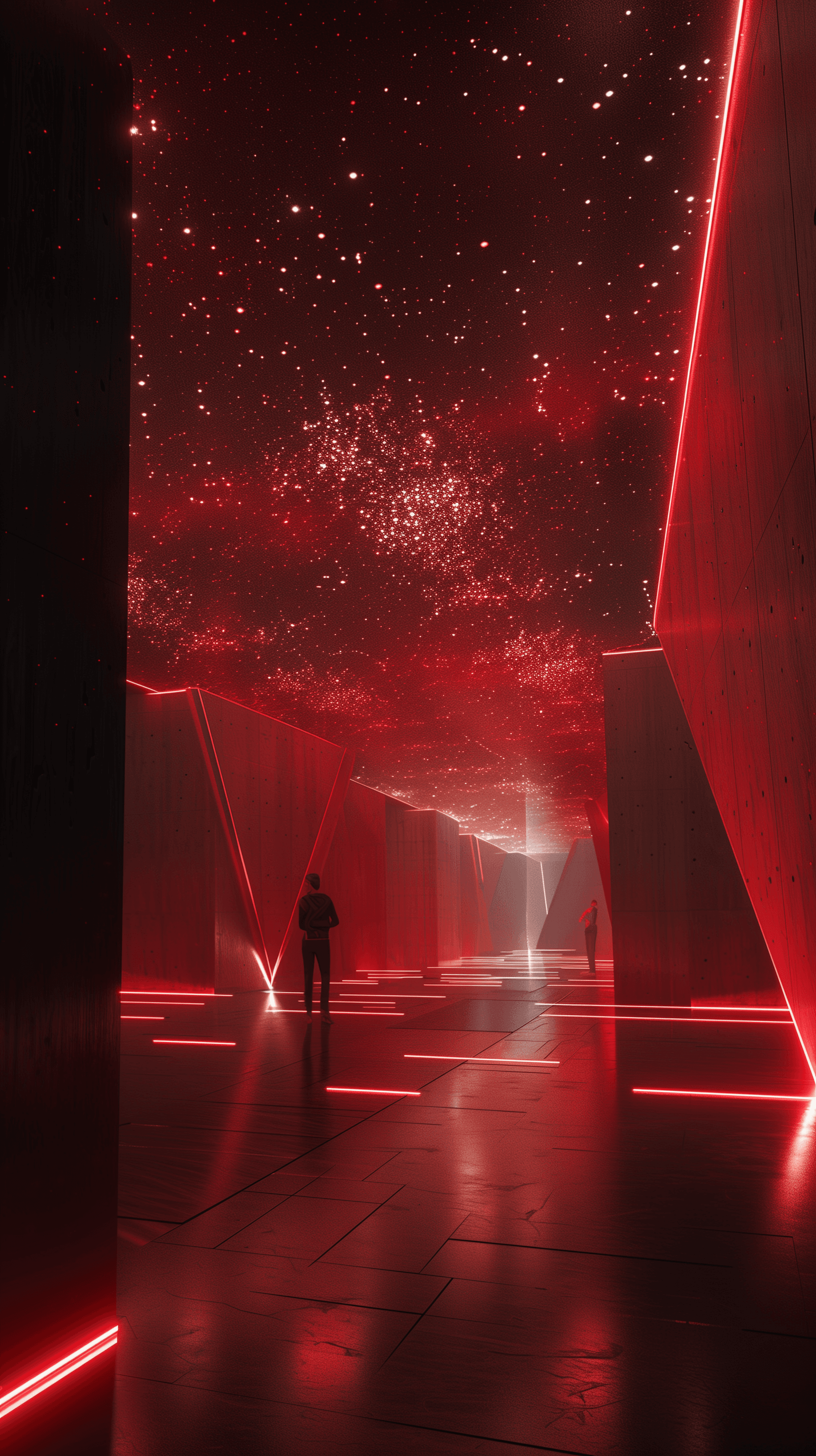 AI generated: photorealism, interior design of a futuristic building with expansive, glowing red floors and a vast...