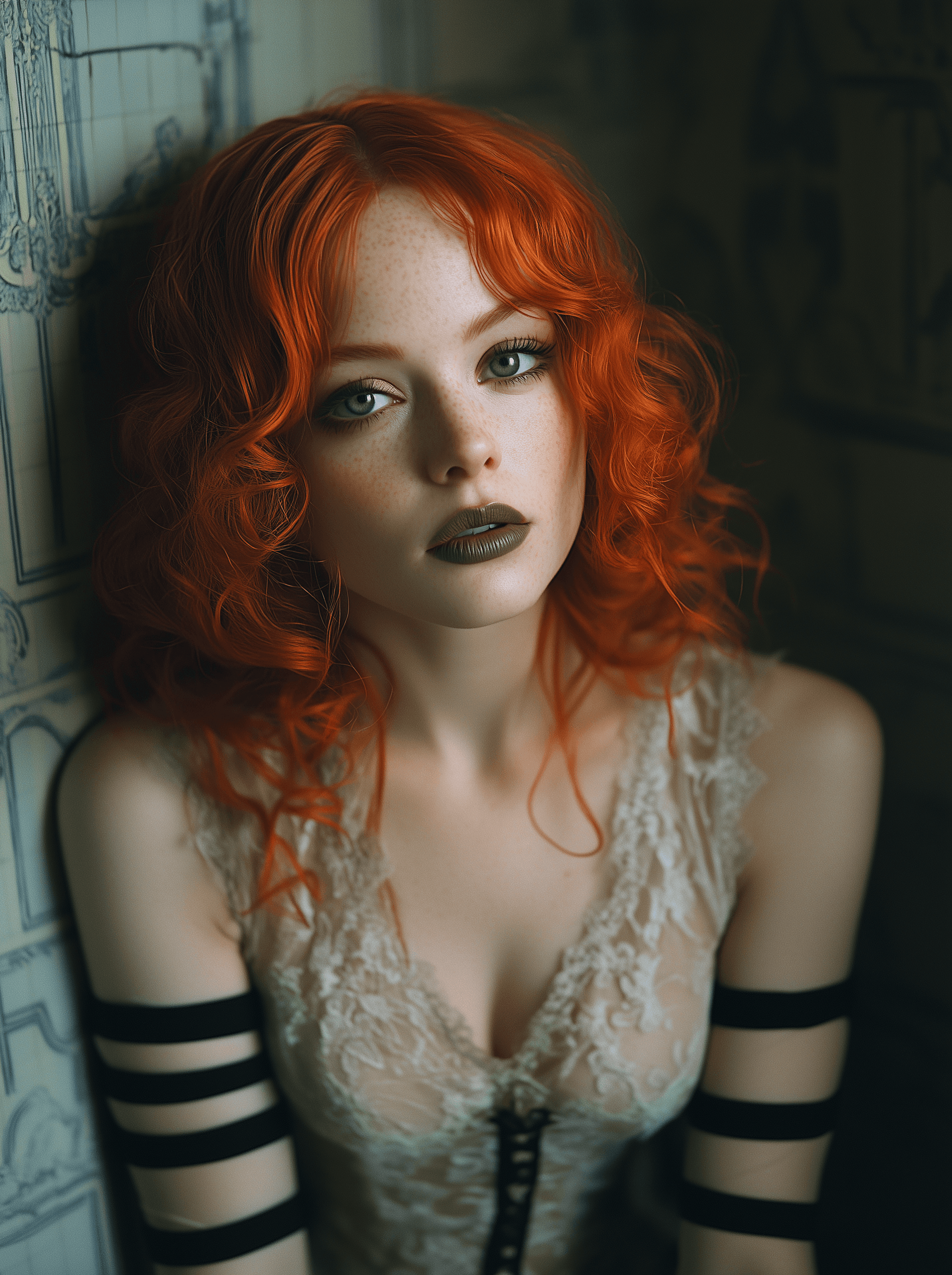 AI generated: A photo of a character with curly red hair and pale white skin, wearing green lipstick, in her late ...