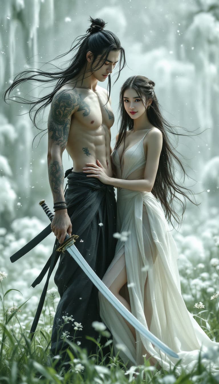 AI generated: full body view A surreal movie scene, a Chinese ninja and a stunning beauty standing in a lawn , the...