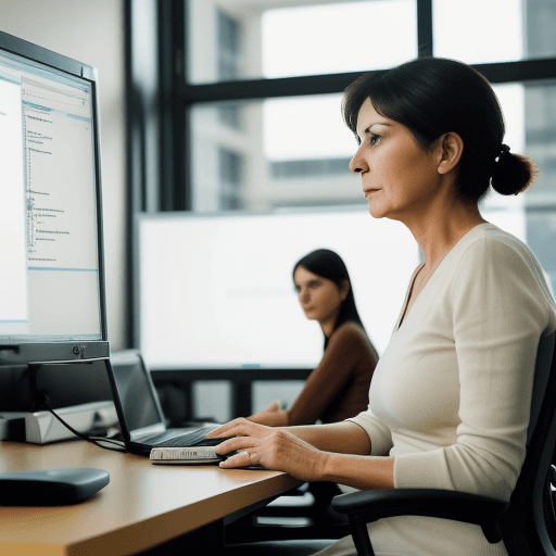 AI generated: mid aged women sitting infront of computer, where computer has some code in its blurred mode HD qual...
