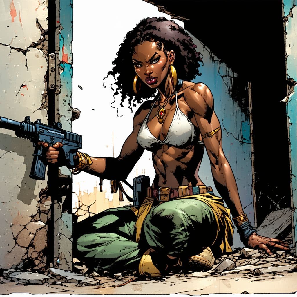 AI generated: 
Comic book cover illustration, full body shot of young beautiful African American woman, top model...